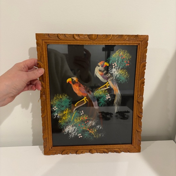 Vintage Mexican feather art bird paintings carved wood frames SET OF TWO 12X10 - Picture 4 of 14